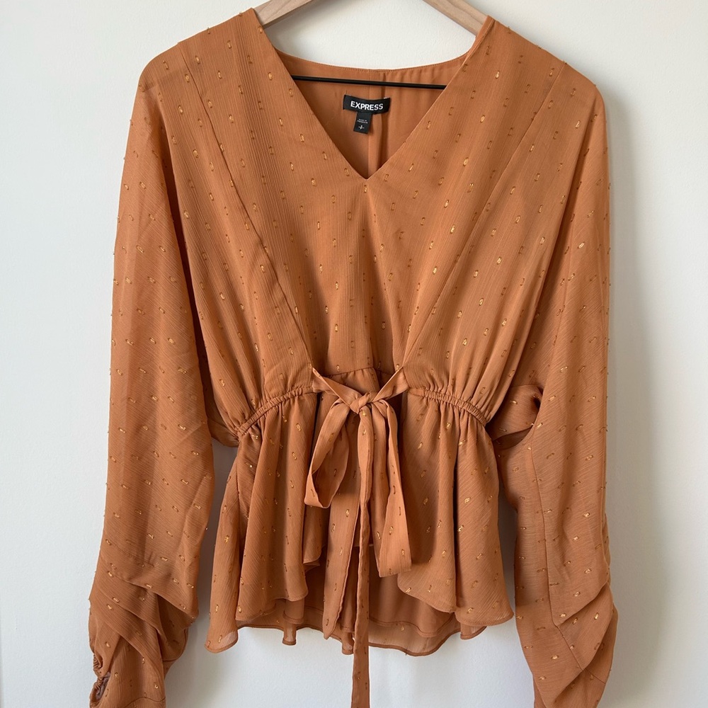 Express Swiss Dot Peplum Blouse • V-Neck Tie Waist • Boho Romantic Top